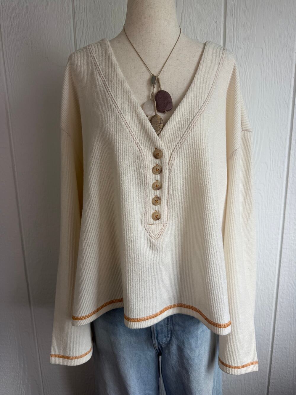 Urban Outfitters Cream Henley Top Medium Oversized Bell Sleeve Boho Stitch
